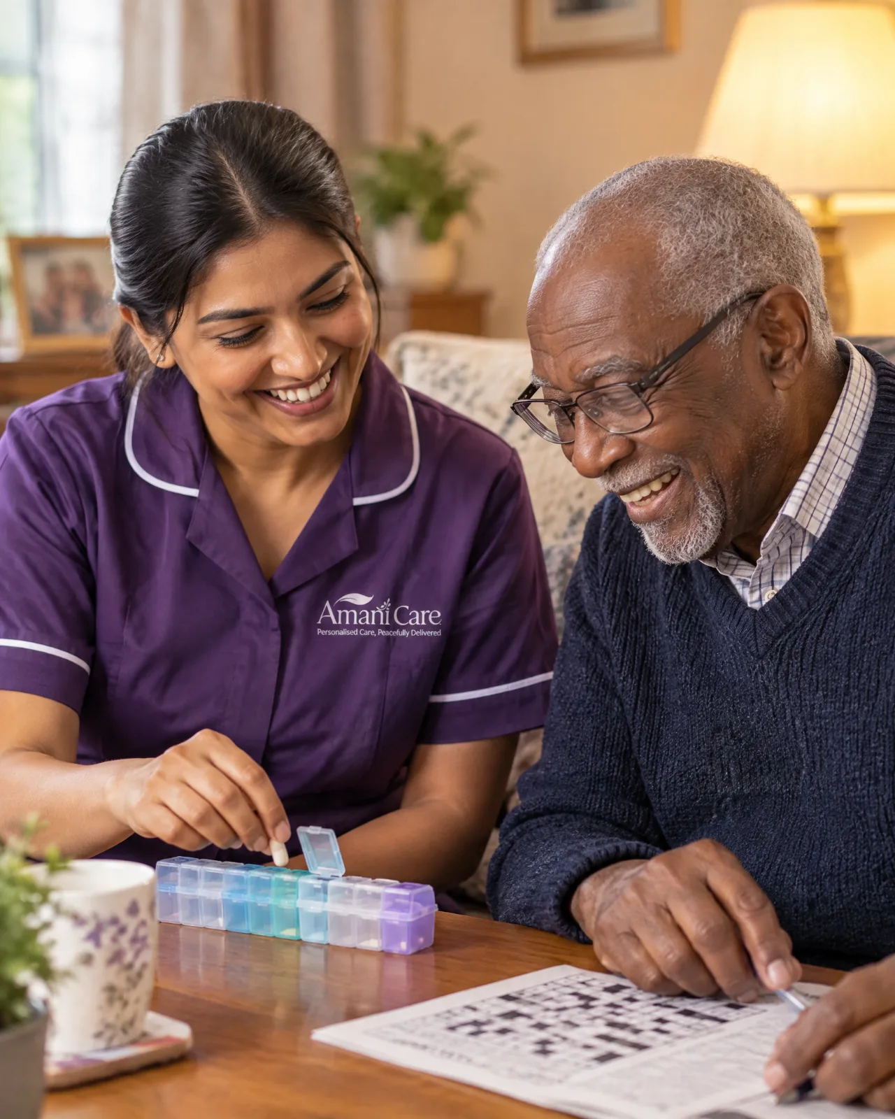 An Amani Care carer helping a client sort his weekly medication at home